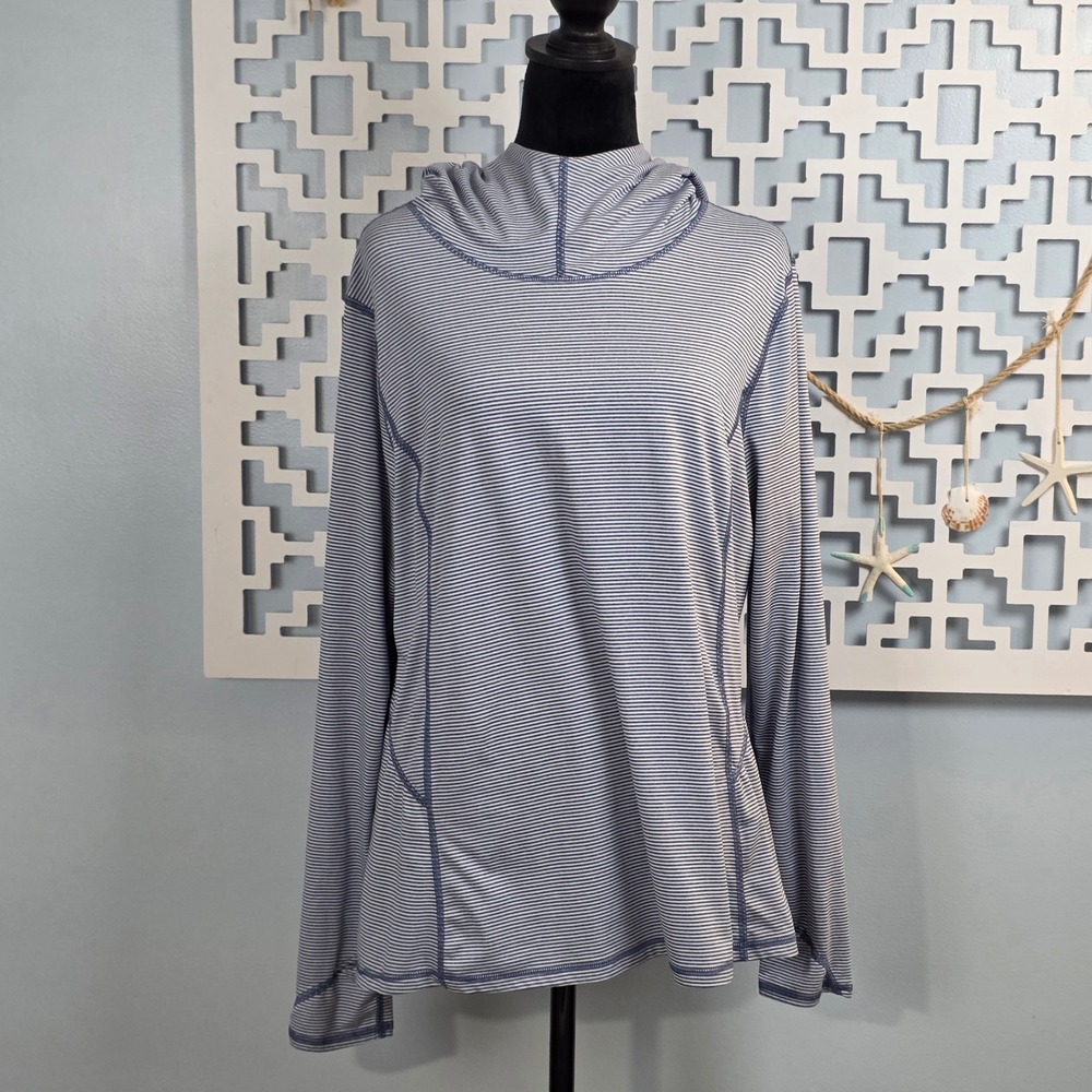 Danskin Now Womens Blue White Striped Hooded Active Top Thumbholes Size L 12-14